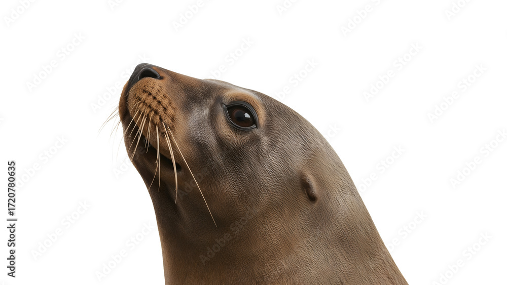 Naklejka premium California sea lion closeup profile on the transparent background highlighting whiskers, smooth fur, and expressive eyes