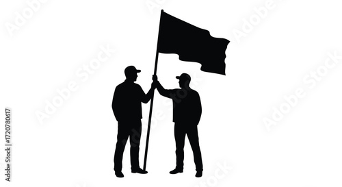 Two men silhouette holding a black flag high symbolizing unity achievement and triumph isolated on white background