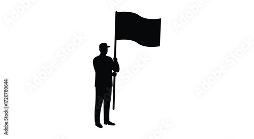 Silhouette of a person holding a black flag symbolizing protest and resistance isolated on white background