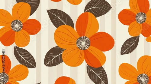 Vibrant Orange Floral Pattern on Striped Background for Design Use