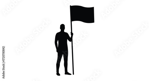 Silhouette of person holding black flag in open field symbolic representation of protest or statement isolated on white background