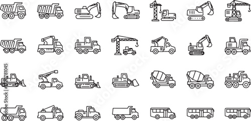 Illustration of collection of construction and transport vehicle icons isolated on white background