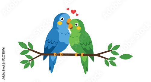 Charming pair of lovebirds perched together on a branch with heart detail isolated on white background