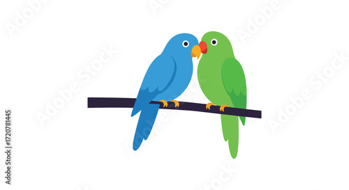 Two vibrant parrots perched together on a branch symbolizing friendship and companionship isolated on white background