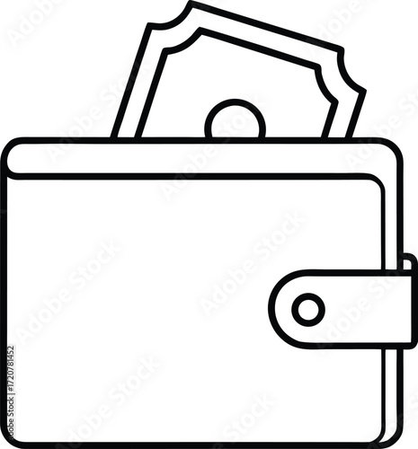 Vector art of a simple black and white line art illustration of a wallet with a banknote peeking out, isolated on a