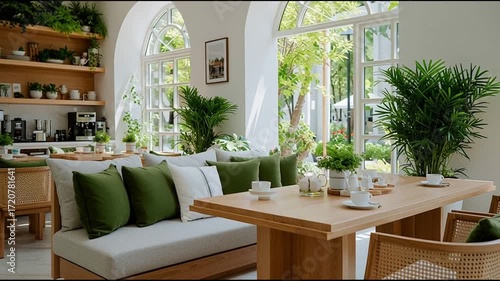light, cafe interior, refreshing --motion 52_29 green furniture, plants, inviting morning calm atmosphere, wooden and cozy low 1_4K_10s 79316671 1