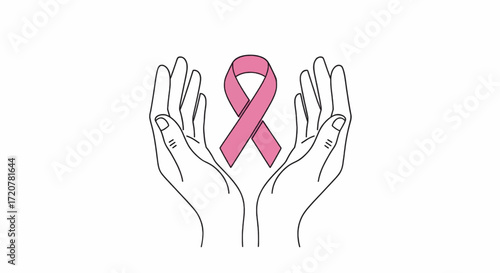 Pink ribbon held gently by hands, a symbol of breast cancer awareness.