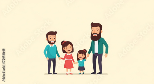 Illustration of happy gay family with two daughters holding hands in flat vector style for family concept design