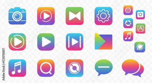 Gradient app icons set media player camera settings chat music search ui design elements for mobile applications