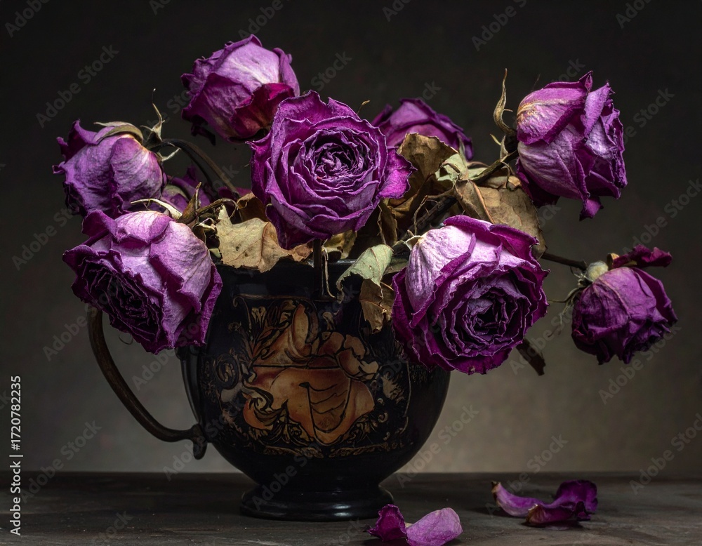 Fototapeta premium Dark Still Life of Purple Roses in Vase