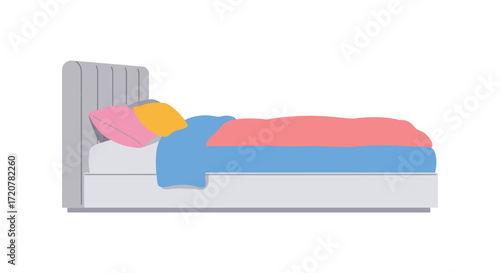 Cozy bed with person sleeping comfortably under colorful blankets promoting rest and relaxation isolated on white background