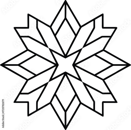 Vector art of geometric starburst pattern, , abstract symmetrical design with sharp angles and diamond shapes, black and white line art