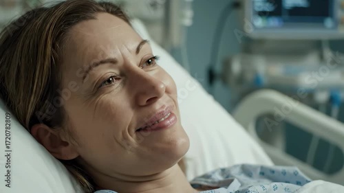 Portrait of a hopeful female patient smiling with relief while recovering in a hospital bed