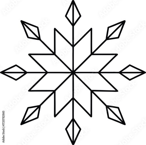 Vector art of a simple, stylized black and white snowflake graphic, isolated on a, representing winter, cold, and the beauty of natures geometric patterns