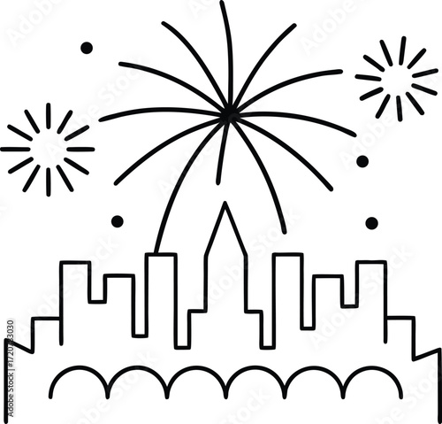 Vector art of stylized line art illustration of fireworks exploding over a city skyline