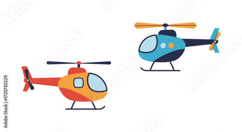 Two colorful cartoon helicopters flying together engaging in aerial transport adventure isolated on white background
