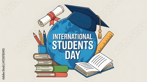 International Students Day with Globe, Graduation Cap, Books, and Diploma  Global Education Illustration