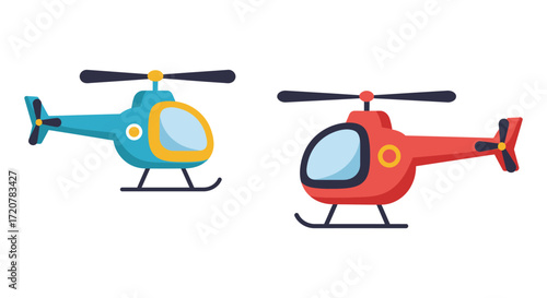 Two colorful cartoon helicopters ready for adventure and transport isolated on white background