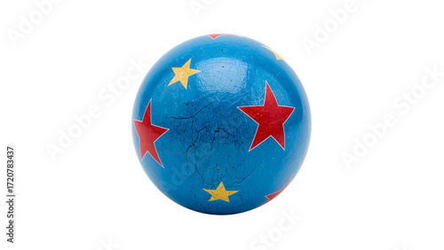 Vintage blue circus ball with red and yellow stars isolated on the transparent background, retro cracked surface, classic toy prop