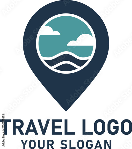 A pinpoint logo showing an ocean scene with clouds and waves.