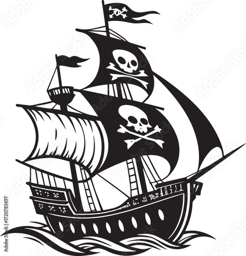 Pirate ship silhouette vector illustration on the sea