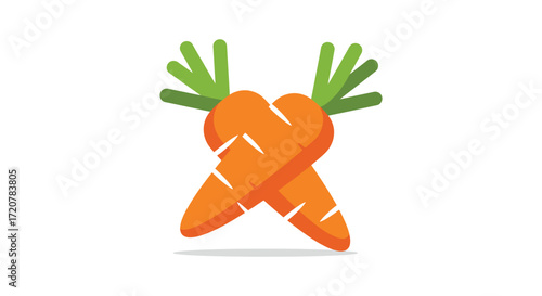 Two adorable carrots crossed together with green stems cute vegetable icon for healthy eating and farming isolated on white background