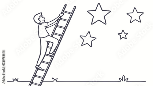 A person climbing a ladder reaching for stars achieving goals