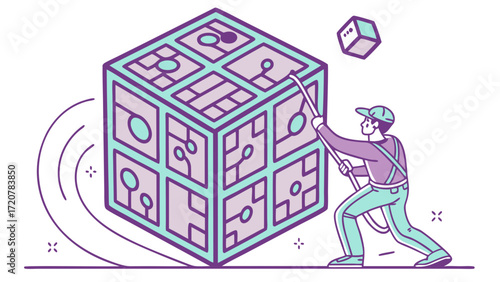A Data Architect Manipulating a Futuristic Cube with Circuitry and Symbols