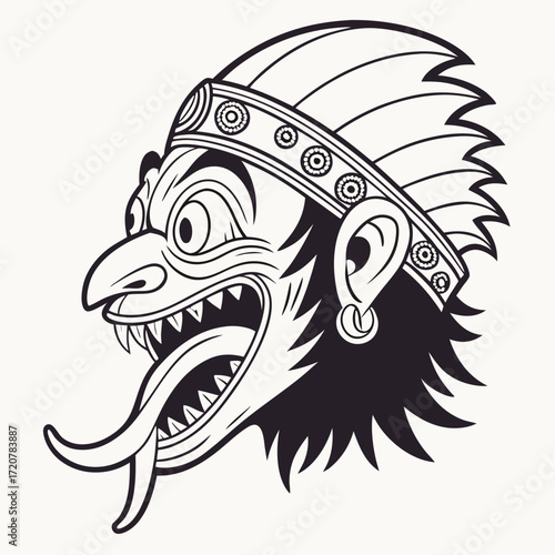 Balinese Barong Mask Illustration with Protruding Tongue and Ornamental Headdress