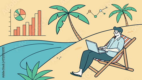 Beachside Productivity Man Working on Laptop in Deckchair with Charts and Palm Trees