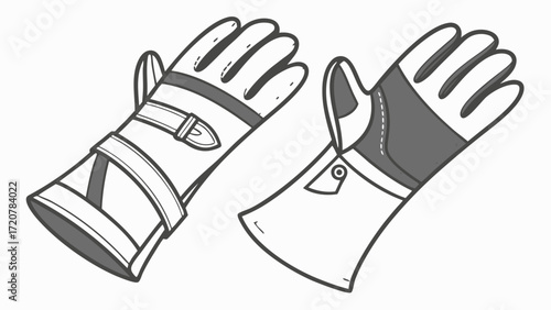 Detailed Illustration of Two Protective Gloves with Buckles and Stitching