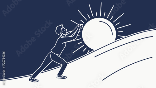 Determined Figure Pushing the Sun Up a Hill Symbolic of Effort
