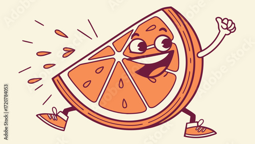 Energetic Cartoon Orange Slice Running with Joyful Expression