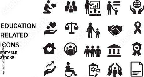 Diverse set of education and community related icons representing social services and support isolated on white background