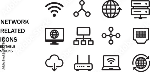 Collection of network related icons featuring wi-fi cloud server router and more isolated on white background
