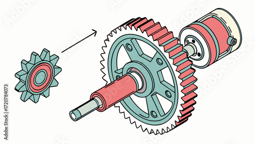 Exploded View of a Teal and Coral Gear System with Arrow Indicator