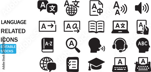 Comprehensive collection of language learning and translation icons for diverse applications isolated on white background
