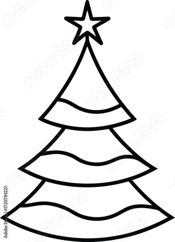 Vector art of simple black and white line art illustration of a stylized christmas tree with a star on top, isolated on a, perfect for holiday design and decoration
