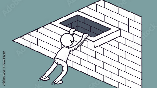 Simple Figure Climbing Brick Wall Opening to Dark Recess