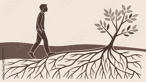 Silhouette of Man Walking Above Extensive Tree Roots