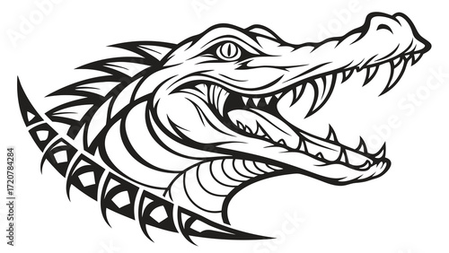 Stylized Crocodile Head with Open Jaws and Sharp Teeth in Black and White
