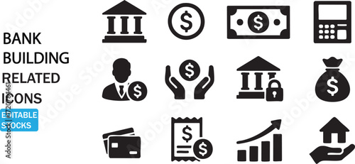 Collection of bank and finance related icons for digital and print media applications isolated on white background