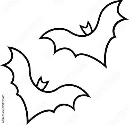 Vector art of two stylized black outline bats flying in a simple graphic illustration, , suitable for halloween or spooky themes