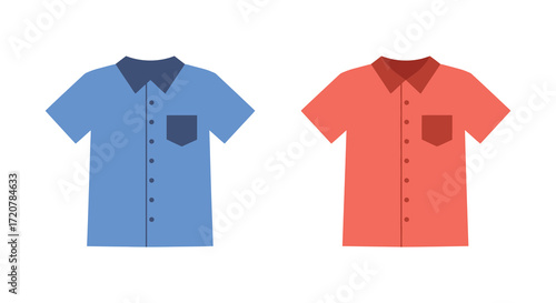Two short-sleeved collared shirts side by side apparel design mockup fashion clothing isolated on white background