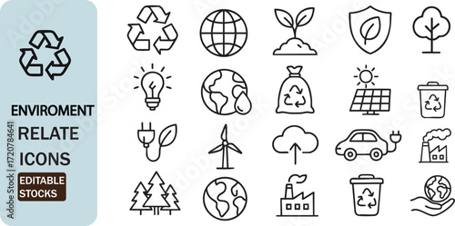 Collection of hand-drawn eco-friendly environment and sustainability icons for digital use isolated on white background