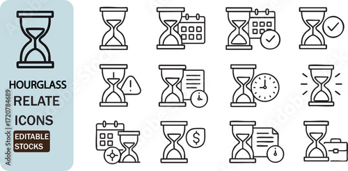 Collection of hourglass icons representing time management and business concepts isolated on white background