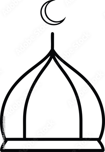 Vector art of islamic dome with crescent moon symbol, simple line art illustration representing mosque architecture and religious iconography