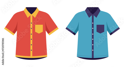 Two short sleeve casual button down shirts for men in different colors and styles isolated on white background