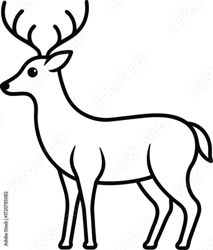 Vector art of a simple, clean line art illustration of a majestic male deer with large antlers, standing gracefully on a plain, , perfect for educational materials or naturethemed designs