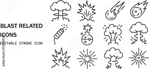 Collection of hand-drawn blast related icons and symbols for explosive effects isolated on white background